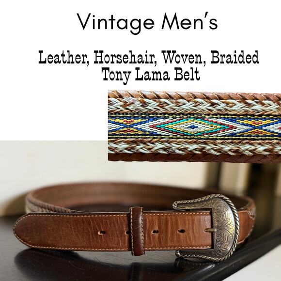 Vintage Tony Lama 38" Aged Bark Badlands Belt HorseHair Leather Western Aztec - Picture 1 of 11